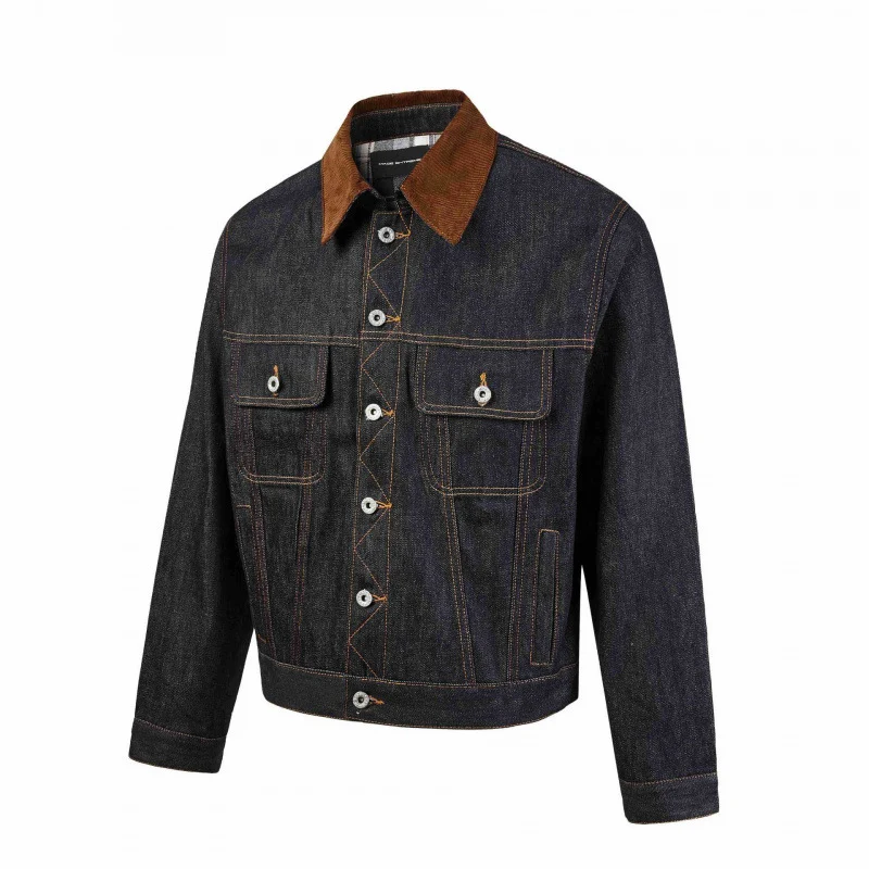 Herren Boxy Denim-Jacke mit Cordkragen und kariertem Futter Nord Taschen
