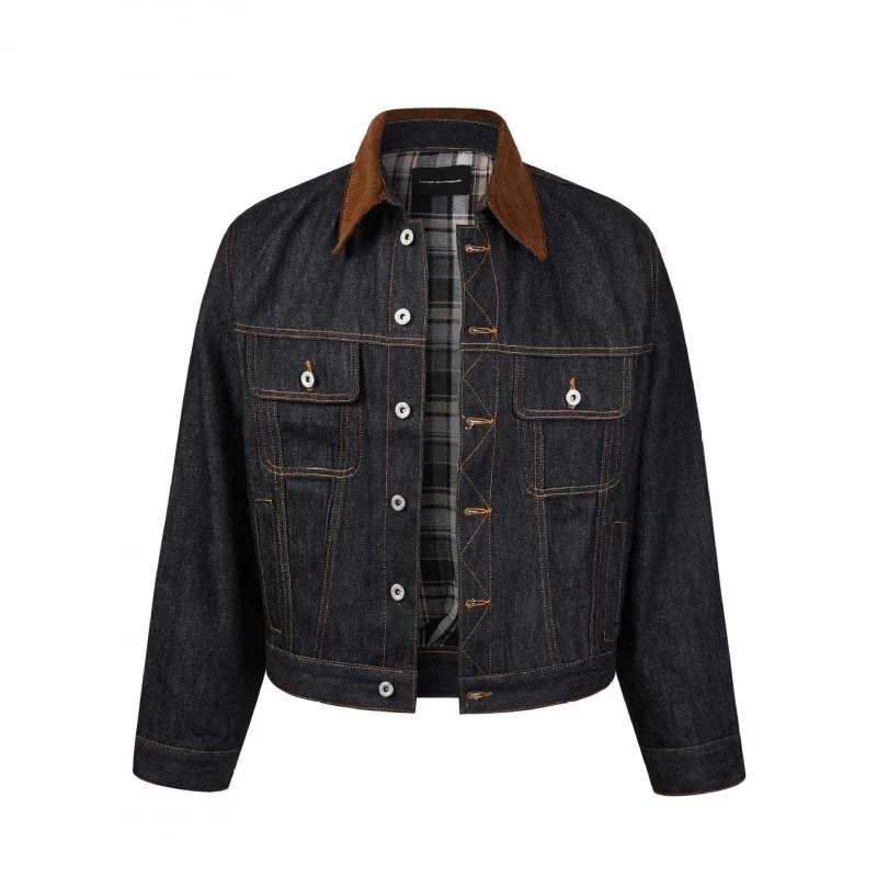 Herren Boxy Denim-Jacke mit Cordkragen und kariertem Futter Nord Taschen