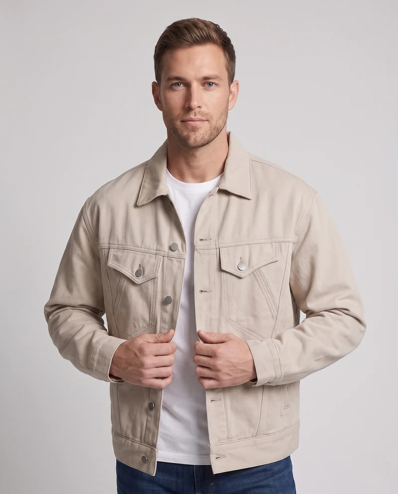 Herren Boxy-Denimjacke mit Druckknopfleiste, überschnittener Schulter und aufgesetzten Brustklappen Nord Taschen