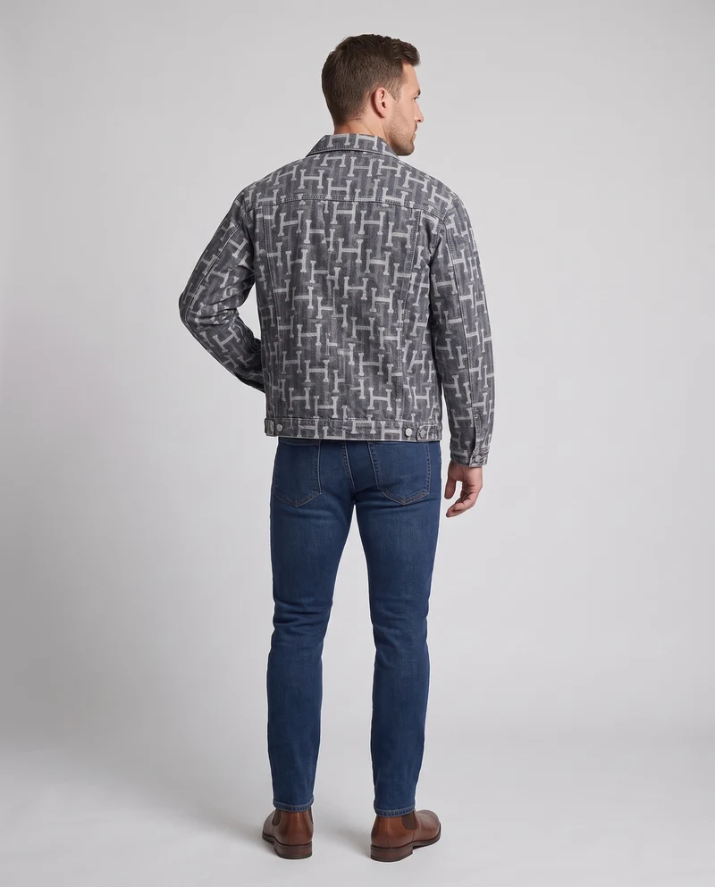 Herren Boxy-Denimjacke mit Allover‑Logoprint, Brustklappen und verstellbarem Saum Nord Taschen