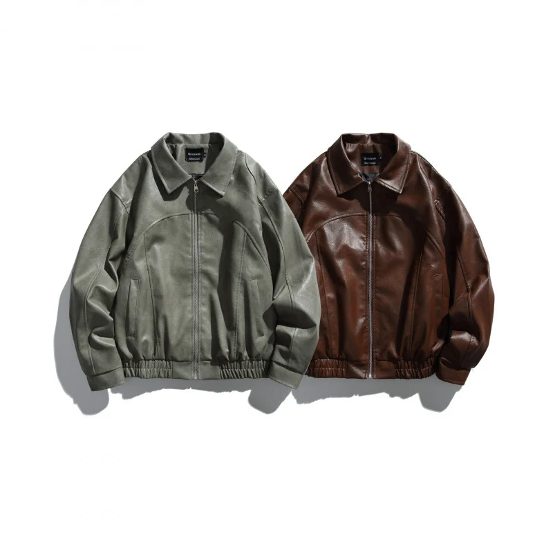 Herren Kurz geschnittene Boxy-Lederoptik Blousonjacke mit Hemdkragen, Frontreißverschluss und elastischem Saum Nord Taschen