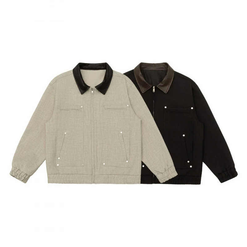 Herren Kurz geschnittene Boxy-Jacke aus Wollmix mit kontrastierendem Lederkragen, Reißverschluss und aufgesetzten Taschen Nord Taschen