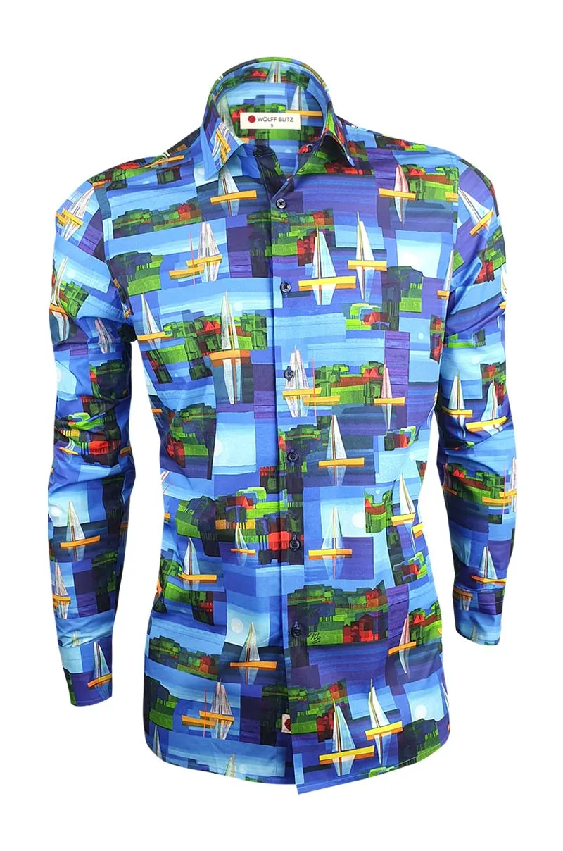 Summer Sailboats Printed Long Sleeve Shirt for Men