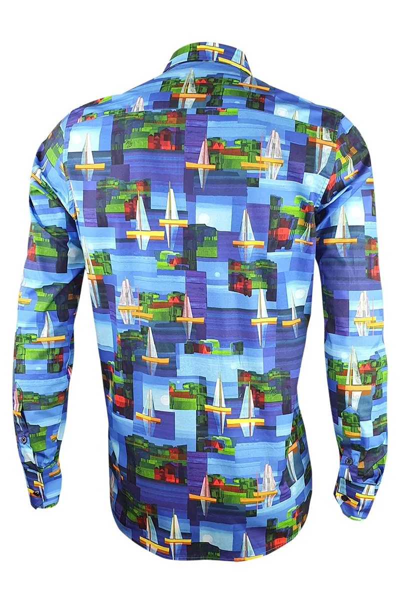 Summer Sailboats Printed Long Sleeve Shirt for Men