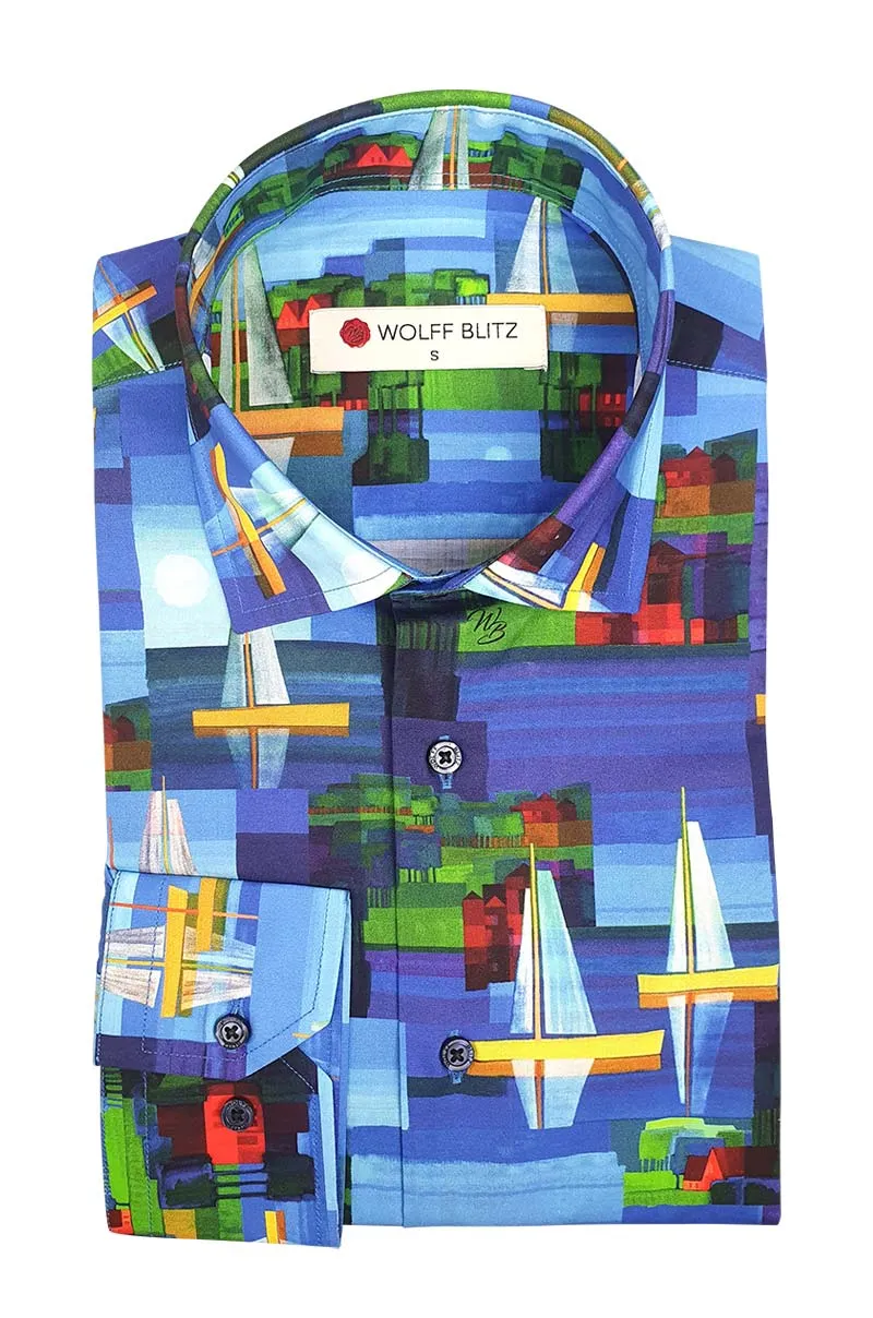 Summer Sailboats Printed Long Sleeve Shirt for Men