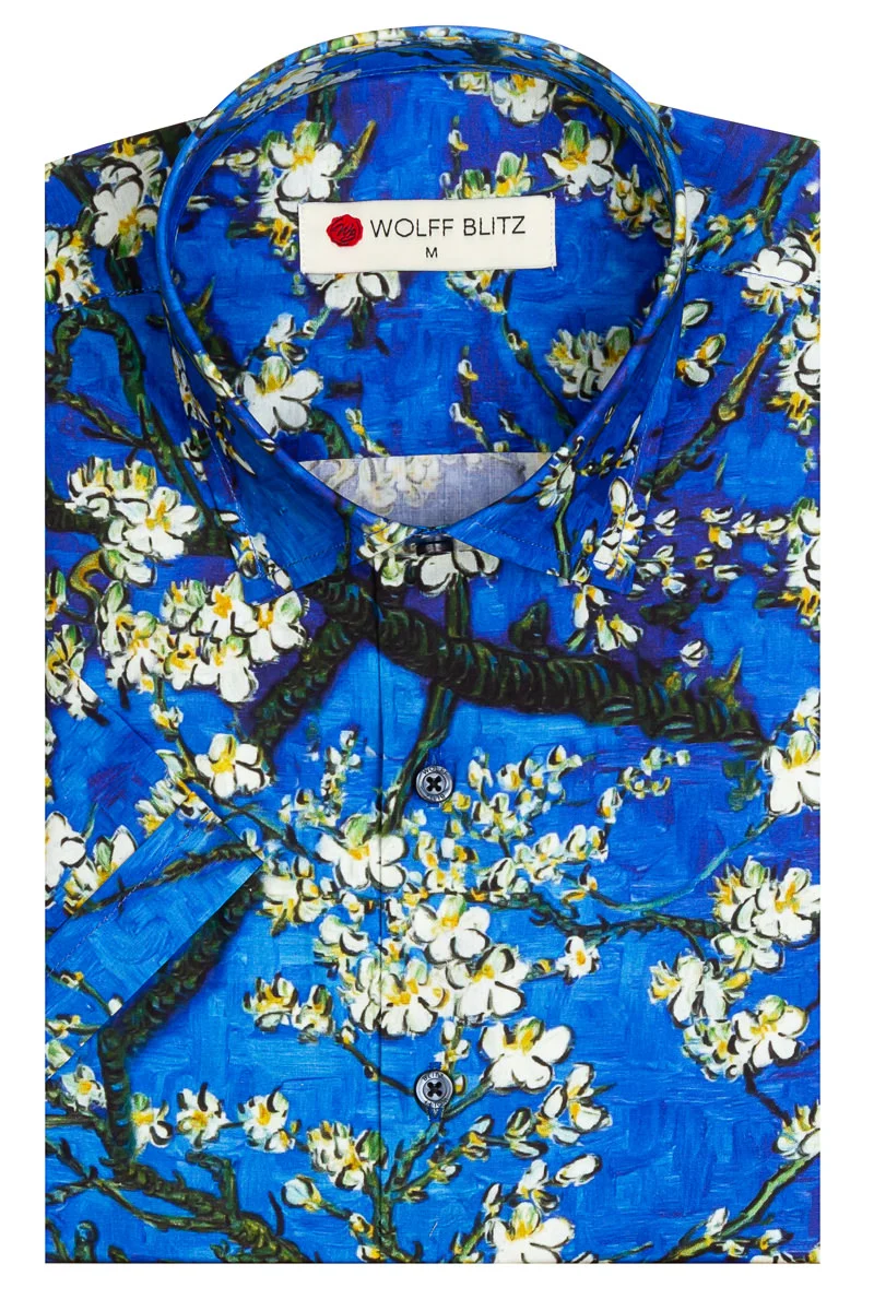 Blue Almond Blossom Short Sleeve Men's Shirt