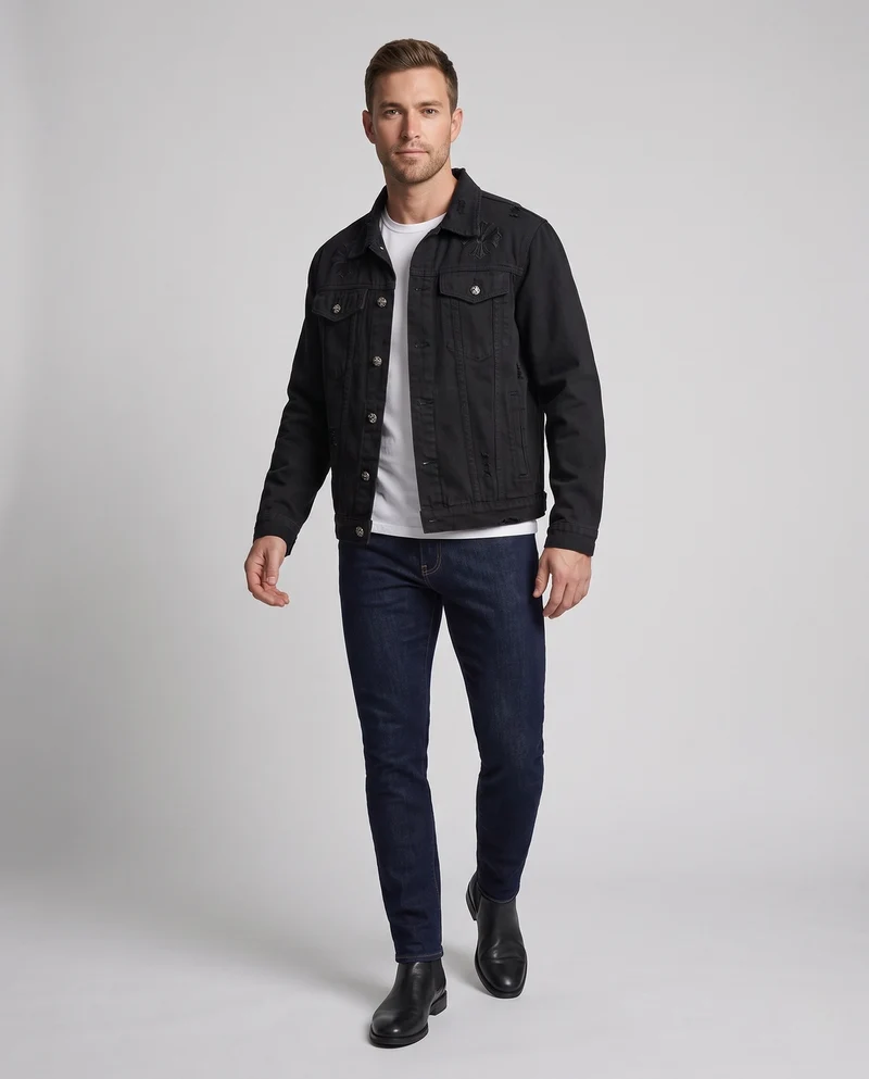 Herren Bestickte Denim-Truckerjacke mit großem Rücken-Emblem und Used-Details Nord Taschen