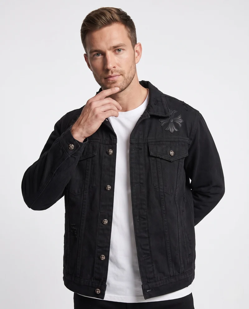 Herren Bestickte Denim-Truckerjacke mit großem Rücken-Emblem und Used-Details Nord Taschen
