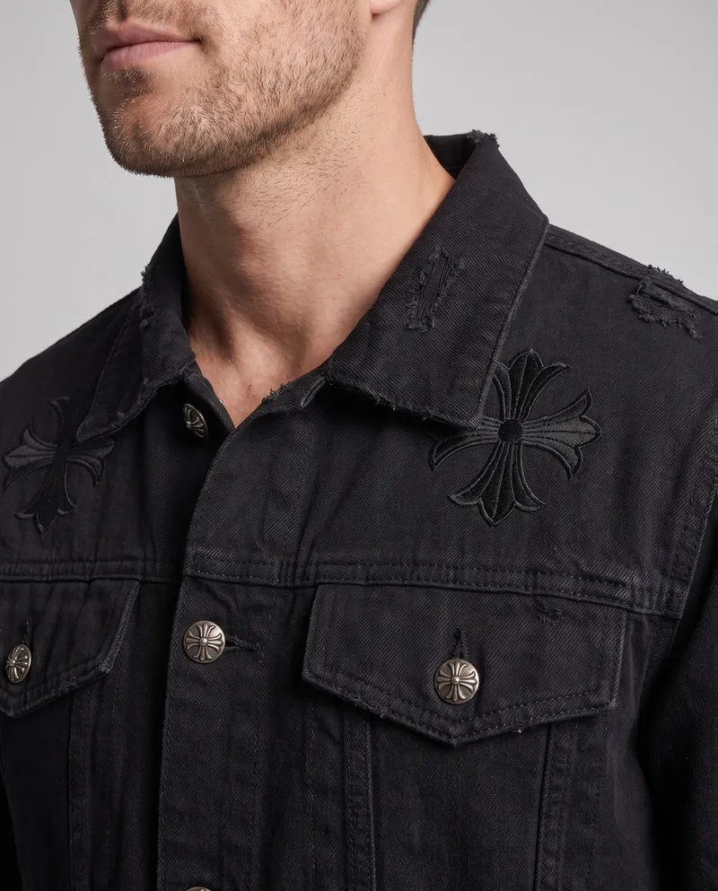 Herren Bestickte Denim-Truckerjacke mit großem Rücken-Emblem und Used-Details Nord Taschen