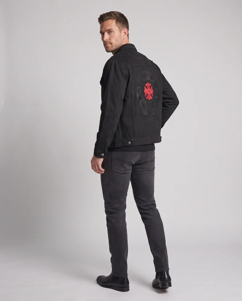 Herren Bestickte Denim-Truckerjacke mit großem Rücken-Emblem und Used-Details Nord Taschen