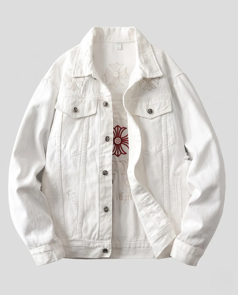 Herren Bestickte Denim-Truckerjacke mit großem Rücken-Emblem und Used-Details Nord Taschen