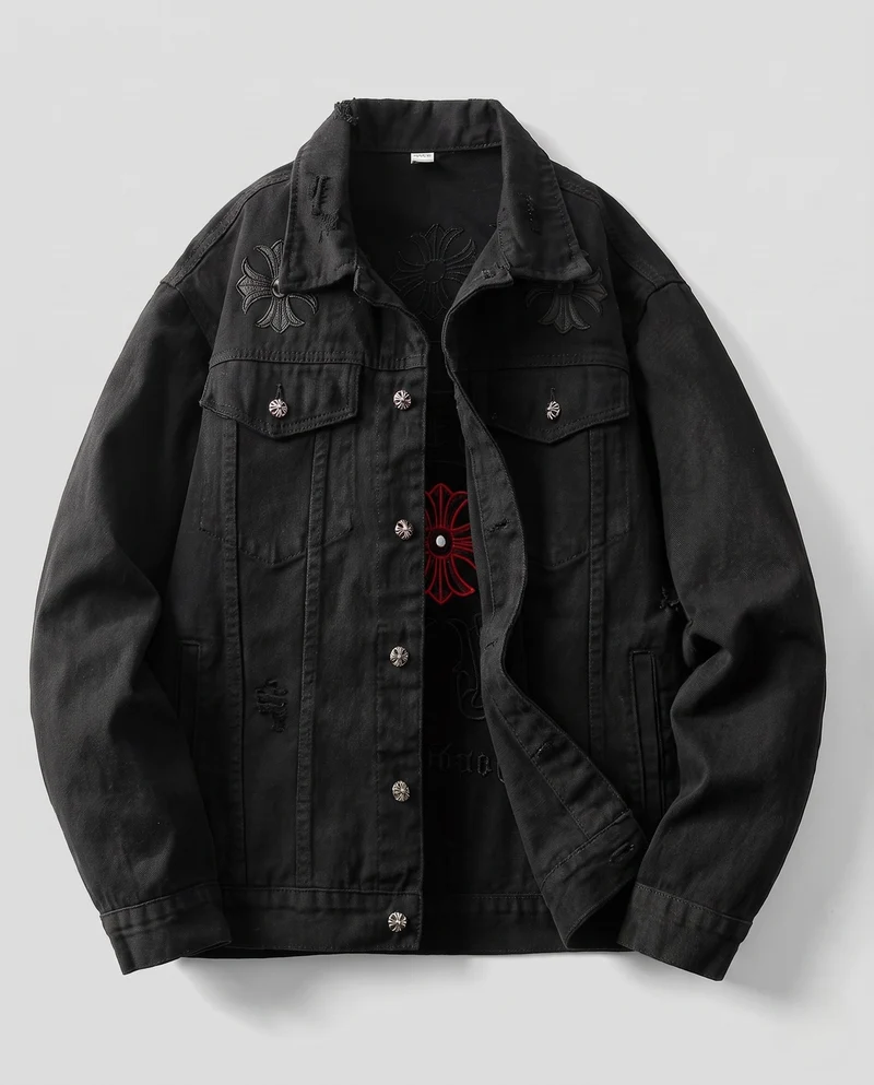 Herren Bestickte Denim-Truckerjacke mit großem Rücken-Emblem und Used-Details Nord Taschen