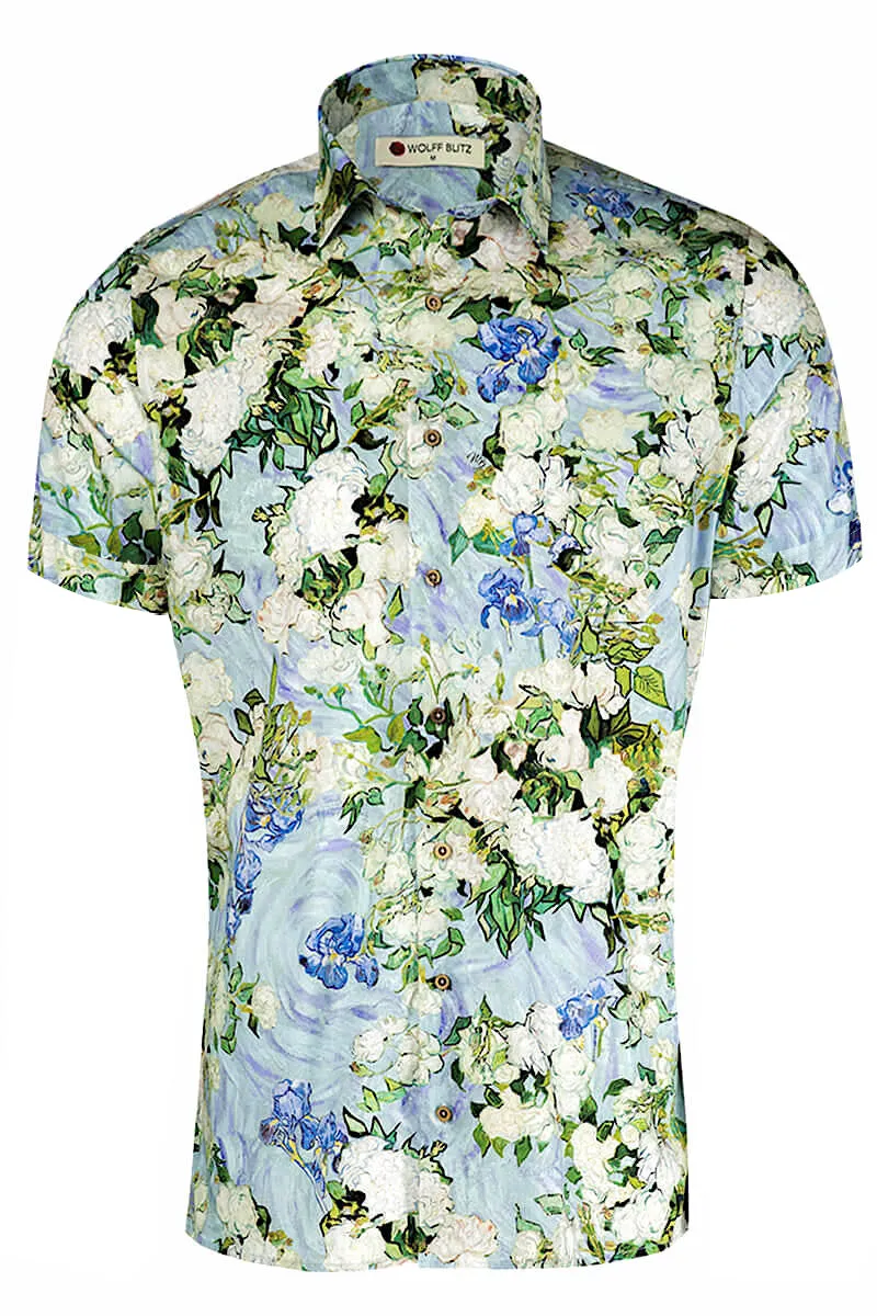 White Roses Van Gogh Inspired Short Sleeve Print Shirt for Men