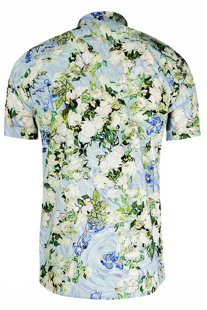 White Roses Van Gogh Inspired Short Sleeve Print Shirt for Men