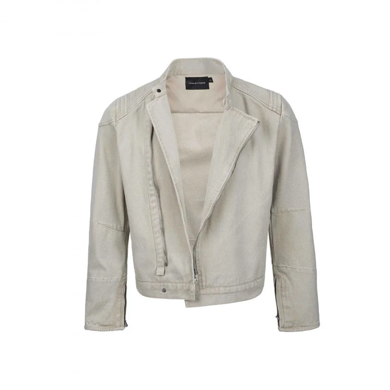 Herren Asymmetrische Kurzjacke im Biker-Stil mit Stehkragen und schrägem Metallreißverschluss Nord Taschen