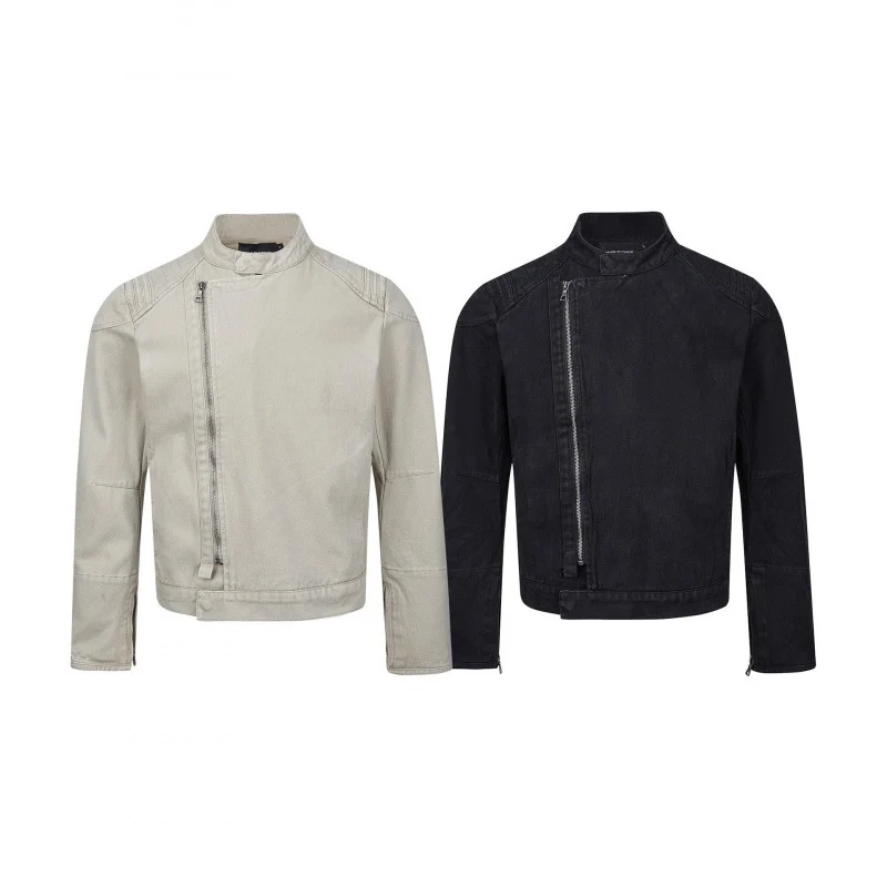 Herren Asymmetrische Kurzjacke im Biker-Stil mit Stehkragen und schrägem Metallreißverschluss Nord Taschen