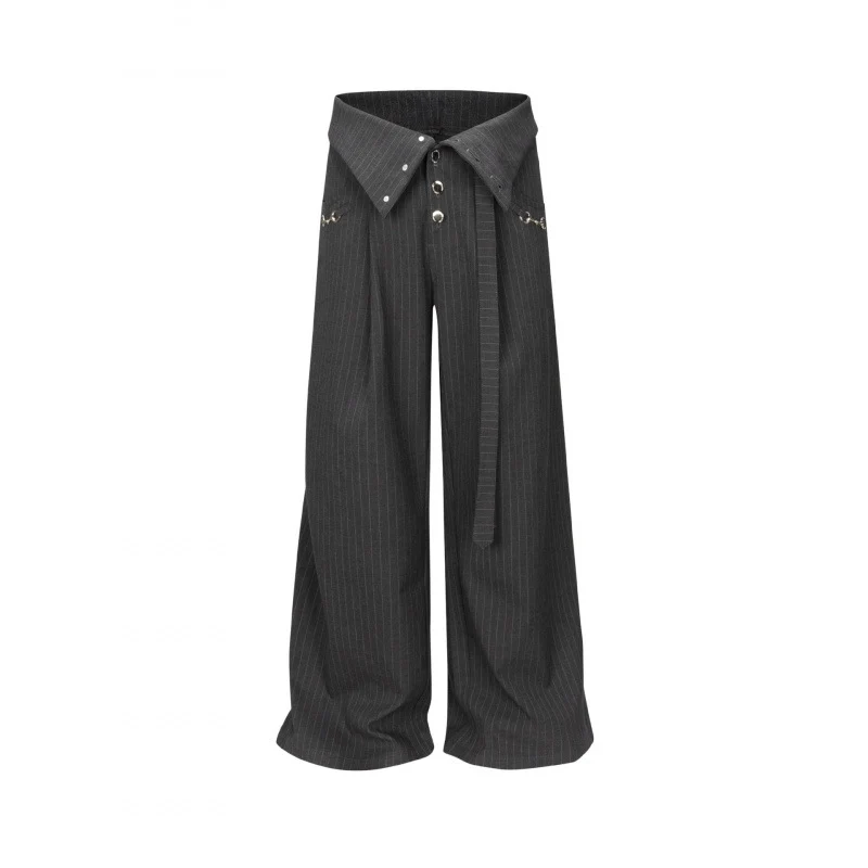 Damen Weitgeschnittene Highwaist-Palazzohose mit überlappendem Hemdbund, Zierösen und Bindegürtel Nord Taschen