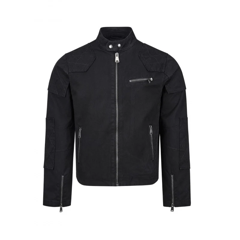 Herren Kurz geschnittene Biker‑inspirierte Baumwolljacke mit Stehkragen, Quilt‑Einsätzen und Reißverschlusstaschen Nord Taschen