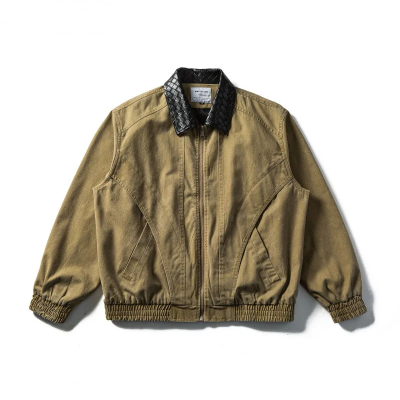 Herren Kastige Denim-Blousonjacke mit gesteppter Lederkragen und Elastikbund Nord Taschen