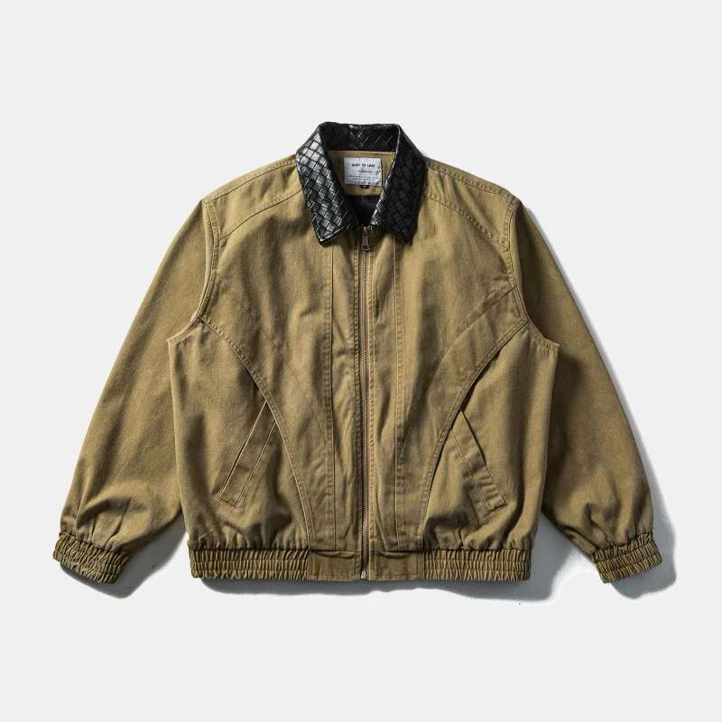 Herren Kastige Denim-Blousonjacke mit gesteppter Lederkragen und Elastikbund Nord Taschen