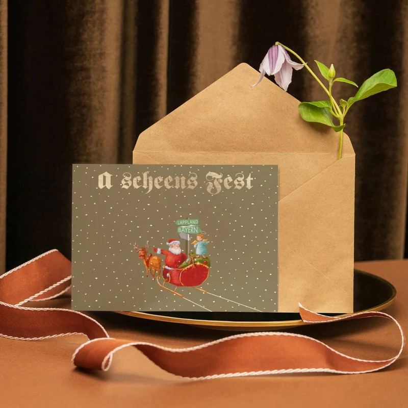 Glückwunschkarte "a scheens Fest- Nikolaus auf Schlitten"