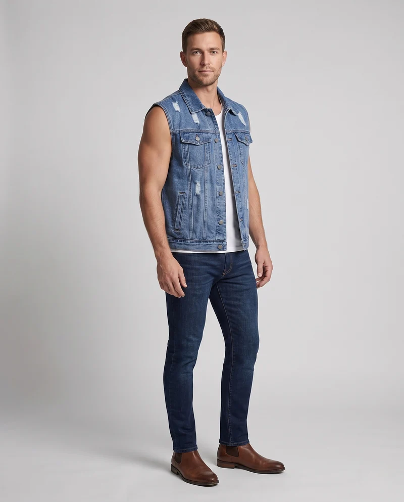 Herren Ärmellose Jeansweste mit Used-Effekten und Brusttaschen Nord Taschen
