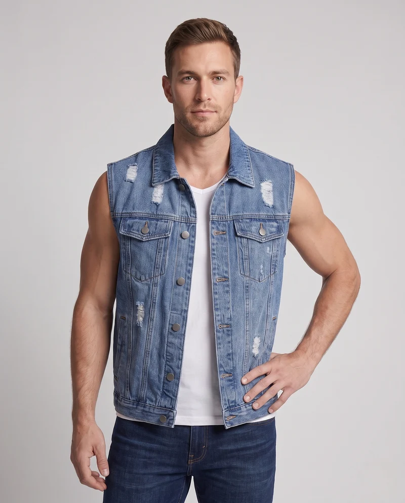Herren Ärmellose Jeansweste mit Used-Effekten und Brusttaschen Nord Taschen