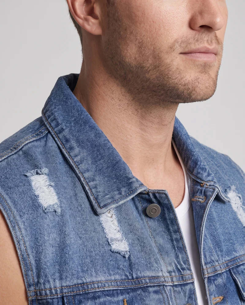 Herren Ärmellose Jeansweste mit Used-Effekten und Brusttaschen Nord Taschen