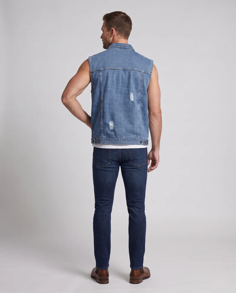 Herren Ärmellose Jeansweste mit Used-Effekten und Brusttaschen Nord Taschen