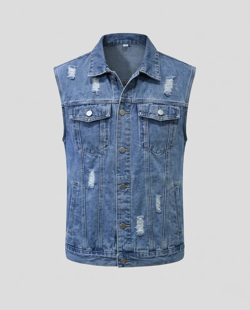 Herren Ärmellose Jeansweste mit Used-Effekten und Brusttaschen Nord Taschen