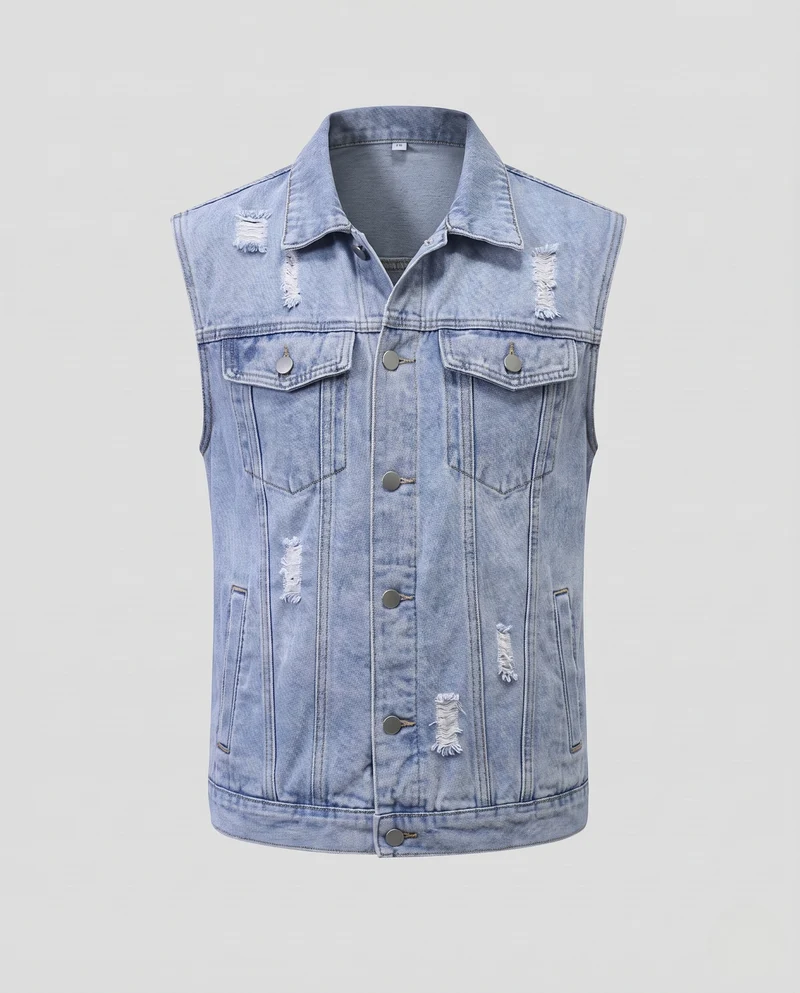 Herren Ärmellose Jeansweste mit Used-Effekten und Brusttaschen Nord Taschen
