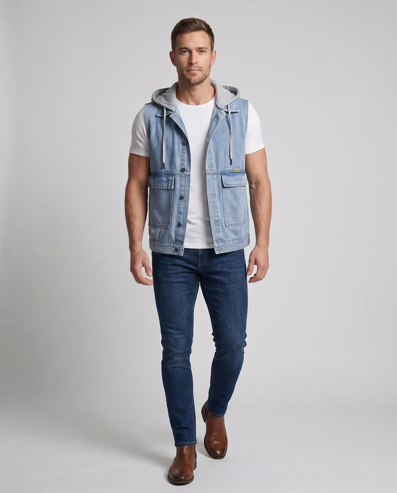 Herren Ärmellose Jeansweste mit Jersey-gefütterter Kapuze und aufgesetzten Utility-Taschen Nord Taschen