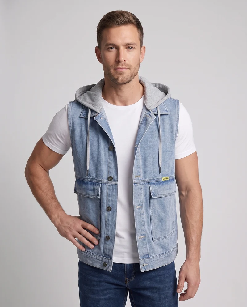 Herren Ärmellose Jeansweste mit Jersey-gefütterter Kapuze und aufgesetzten Utility-Taschen Nord Taschen
