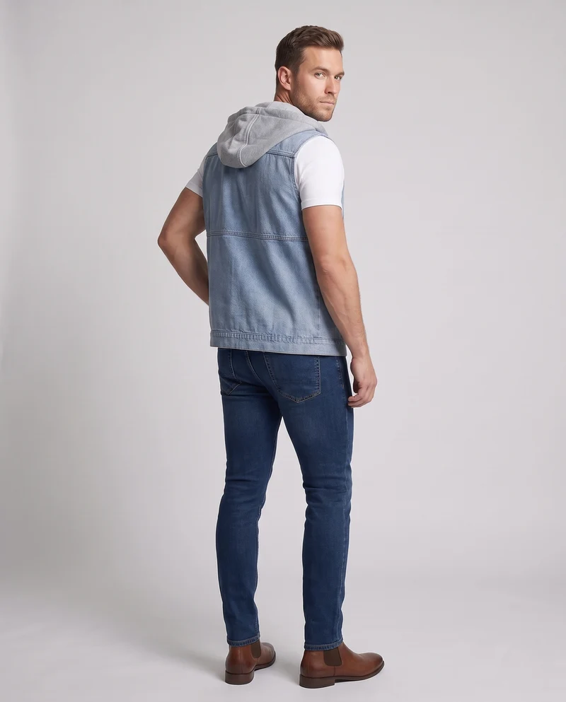 Herren Ärmellose Jeansweste mit Jersey-gefütterter Kapuze und aufgesetzten Utility-Taschen Nord Taschen