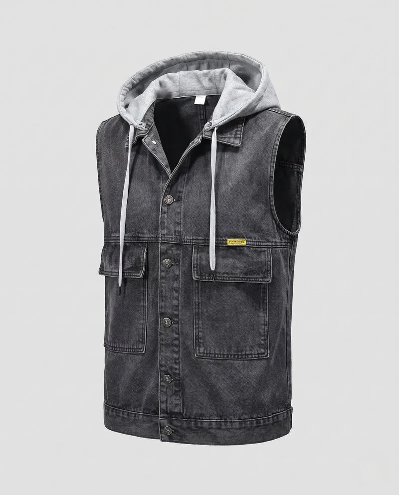 Herren Ärmellose Jeansweste mit Jersey-gefütterter Kapuze und aufgesetzten Utility-Taschen Nord Taschen