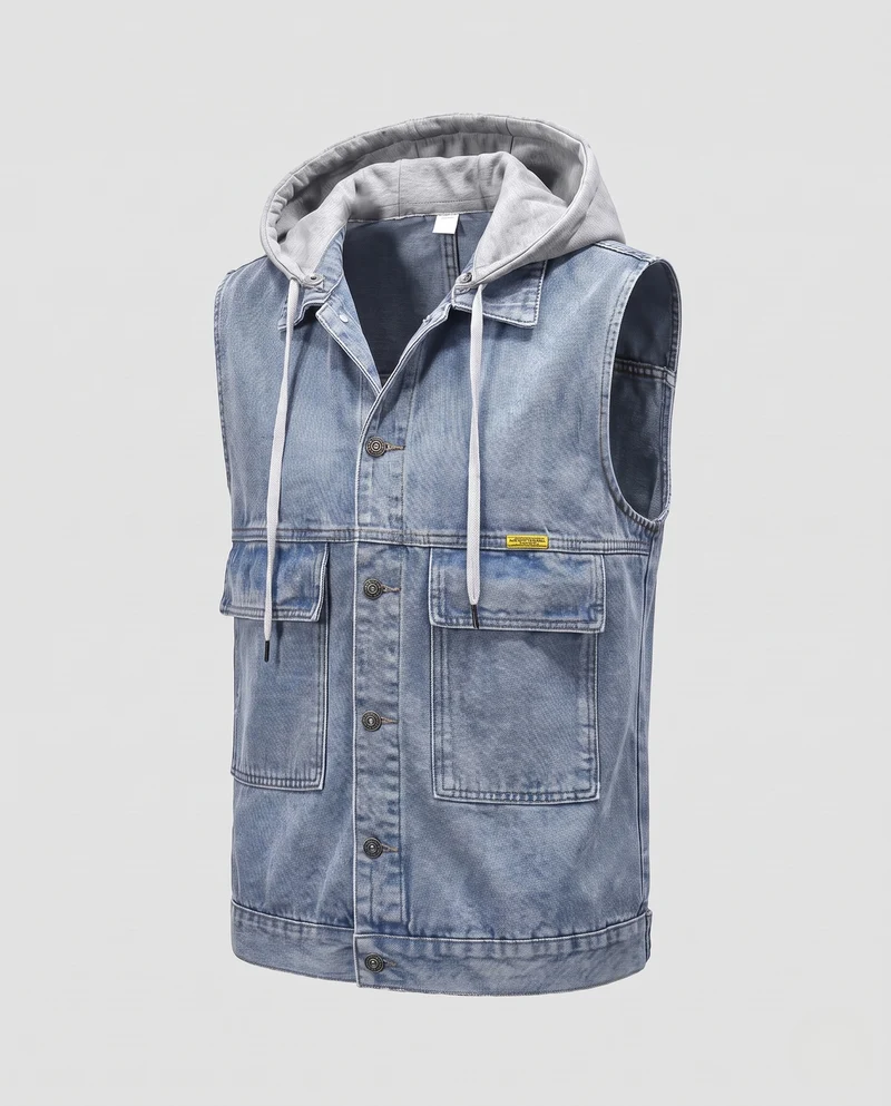 Herren Ärmellose Jeansweste mit Jersey-gefütterter Kapuze und aufgesetzten Utility-Taschen Nord Taschen