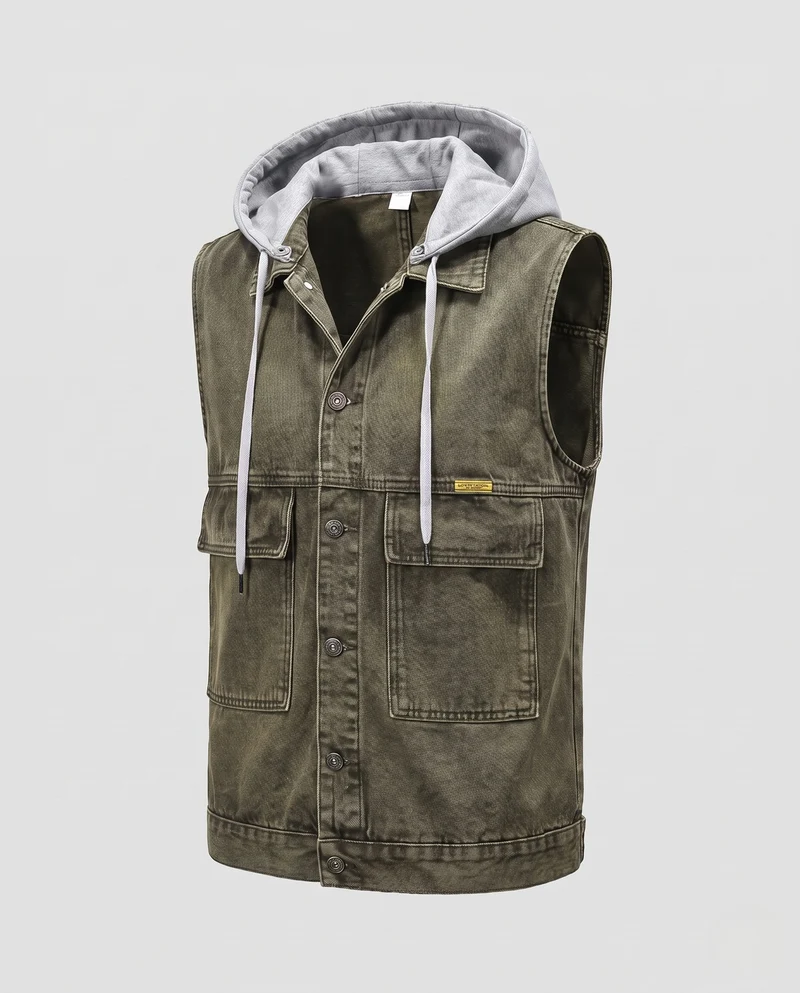 Herren Ärmellose Jeansweste mit Jersey-gefütterter Kapuze und aufgesetzten Utility-Taschen Nord Taschen