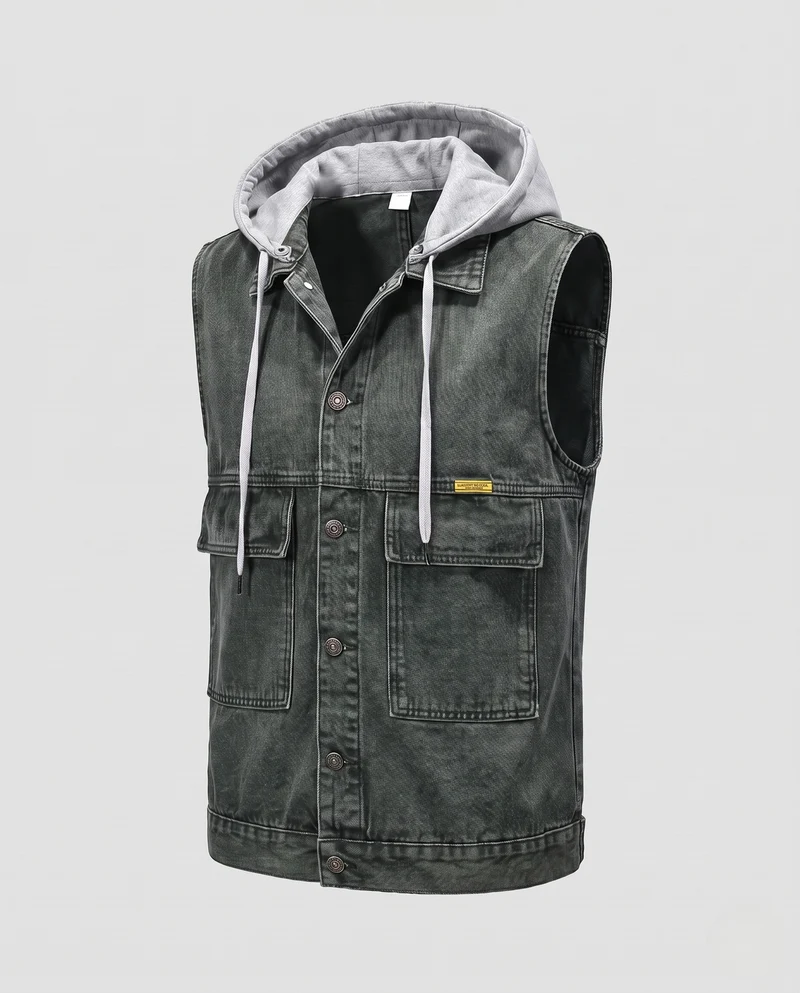 Herren Ärmellose Jeansweste mit Jersey-gefütterter Kapuze und aufgesetzten Utility-Taschen Nord Taschen