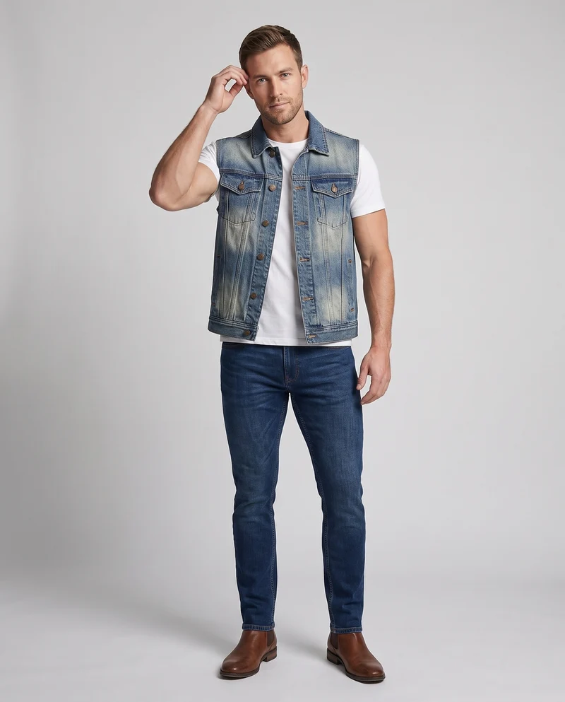 Herren Ärmellose Denim‑Weste im Slim‑Fit mit Brusttaschen Nord Taschen