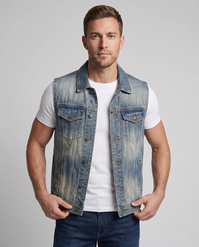 Herren Ärmellose Denim‑Weste im Slim‑Fit mit Brusttaschen Nord Taschen