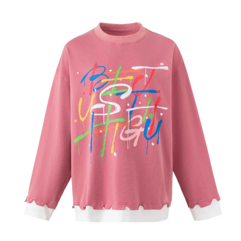 Damen Oversize-Sweatshirt mit mehrfarbigem Graffiti-Print, Lagenoptik und ausgefransten Saumkanten Nord Taschen
