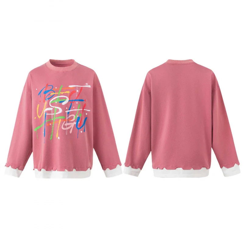 Damen Oversize-Sweatshirt mit mehrfarbigem Graffiti-Print, Lagenoptik und ausgefransten Saumkanten Nord Taschen