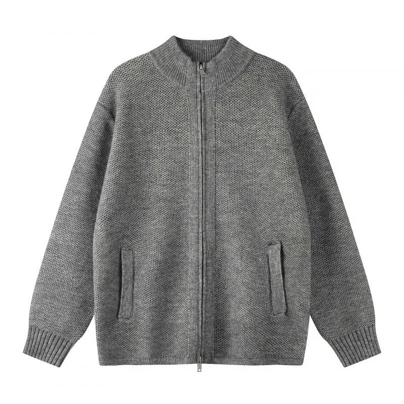 Damen Oversize-Strickzipjacke mit Stehkragen und Zwei-Wege-Reißverschluss Nord Taschen