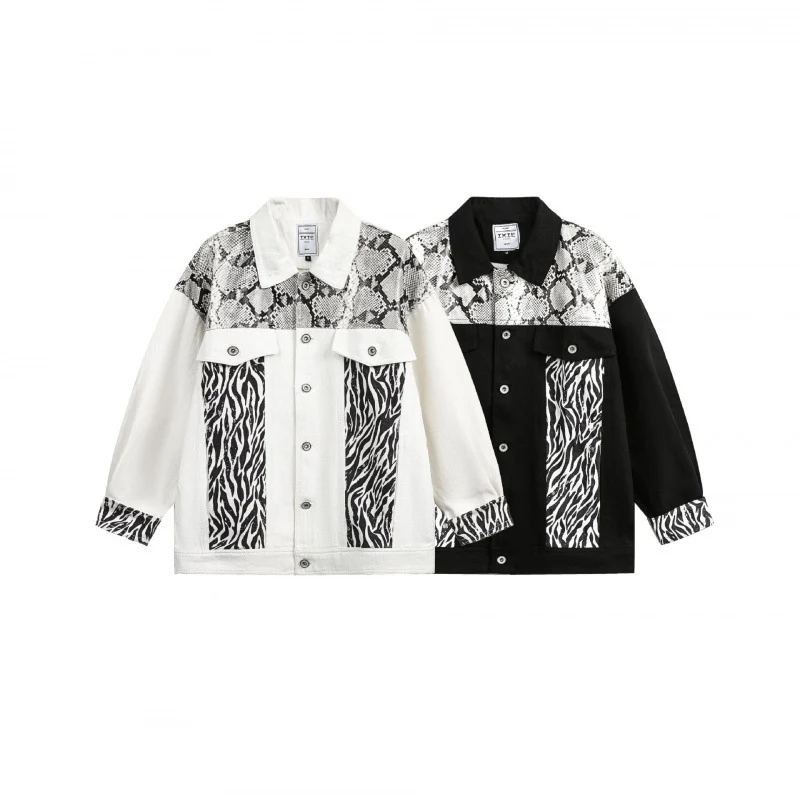 Damen Oversize-Jeansjacke im Patchwork-Tierprint mit Reverskragen und Pattentaschen Nord Taschen