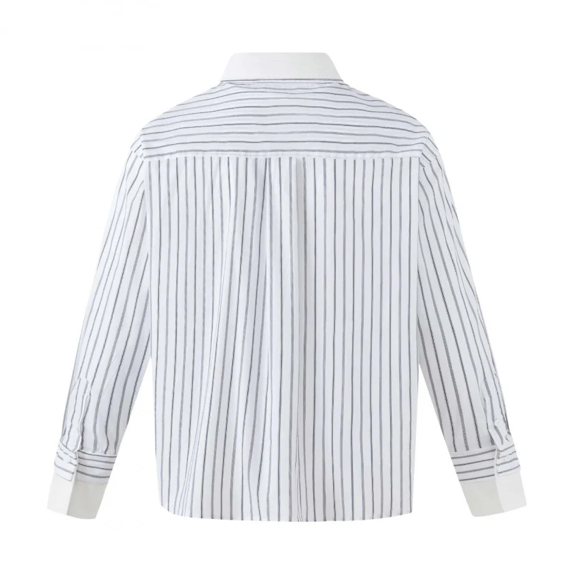 Damen Oversize-Hemdbluse mit Nadelstreifen, Kontrastkragen und Manschetten Nord Taschen