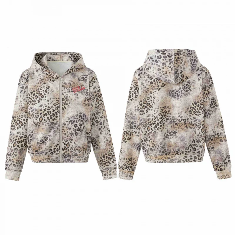 Damen Leichter Kapuzen‑Zipcardigan im Leopardenmuster mit durchgehendem Reißverschluss Nord Taschen