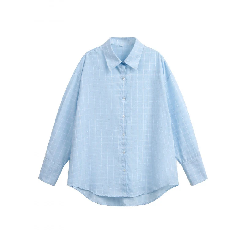 Damen Weites Oversize-Hemd aus leichter Baumwollmischung mit kariertem Muster Nord Taschen