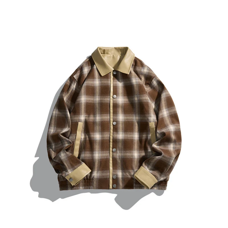 Herren Kastenförmige karierte Hemdjacke mit Kunstlederkragen, Druckknopfverschluss und Lederbesätzen Nord Taschen