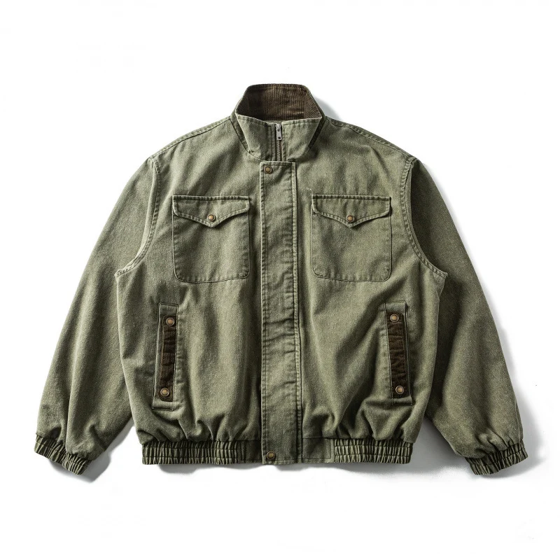 Herren Kastenförmige Canvas-Blousonjacke mit Cordbesatz, Stehkragen und elastischem Saum Nord Taschen