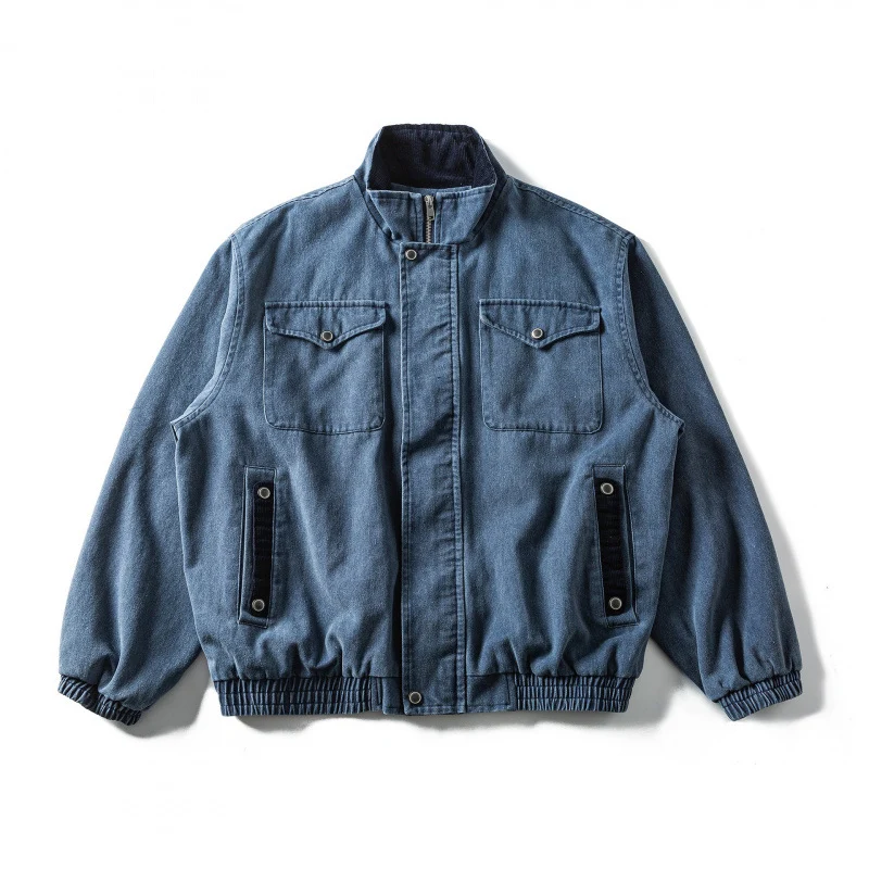 Herren Kastenförmige Canvas-Blousonjacke mit Cordbesatz, Stehkragen und elastischem Saum Nord Taschen